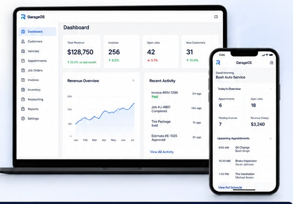 GarageOS dashboard shown on a laptop and phone